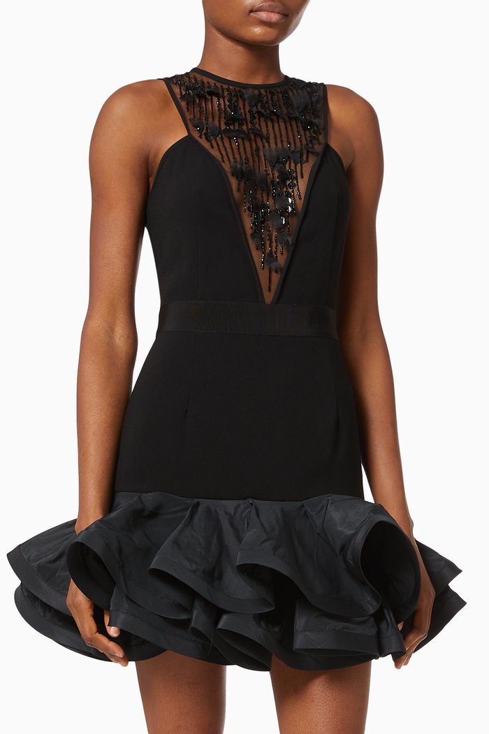 

Ruffled Dress with Beaded Embroidery, Black
