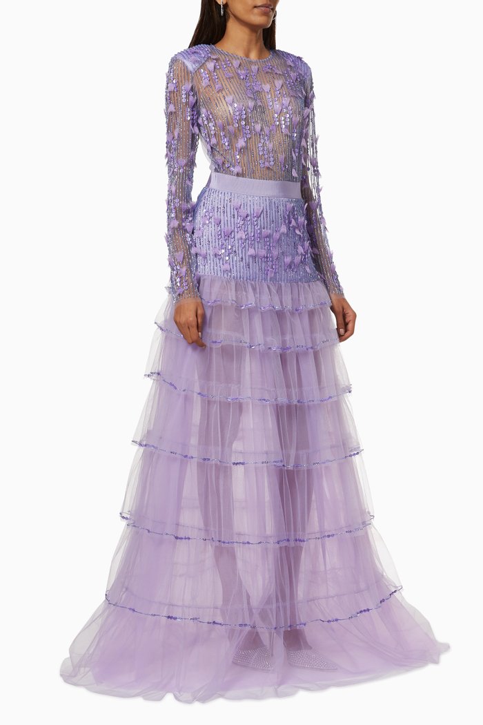 Gown in Sequin Bead Tulle, Purple