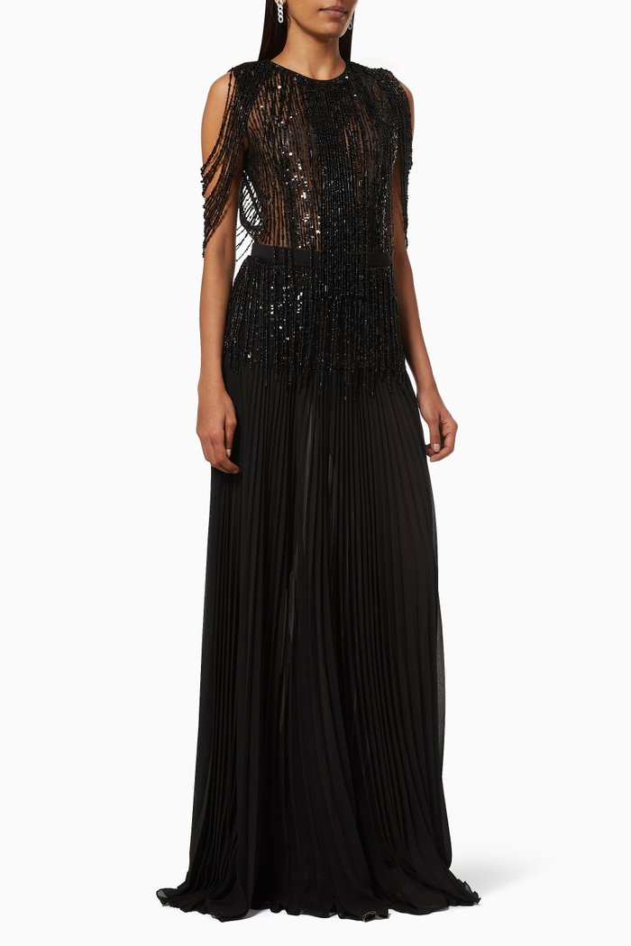 Gown in Sequin Bead & Chiffon, Black