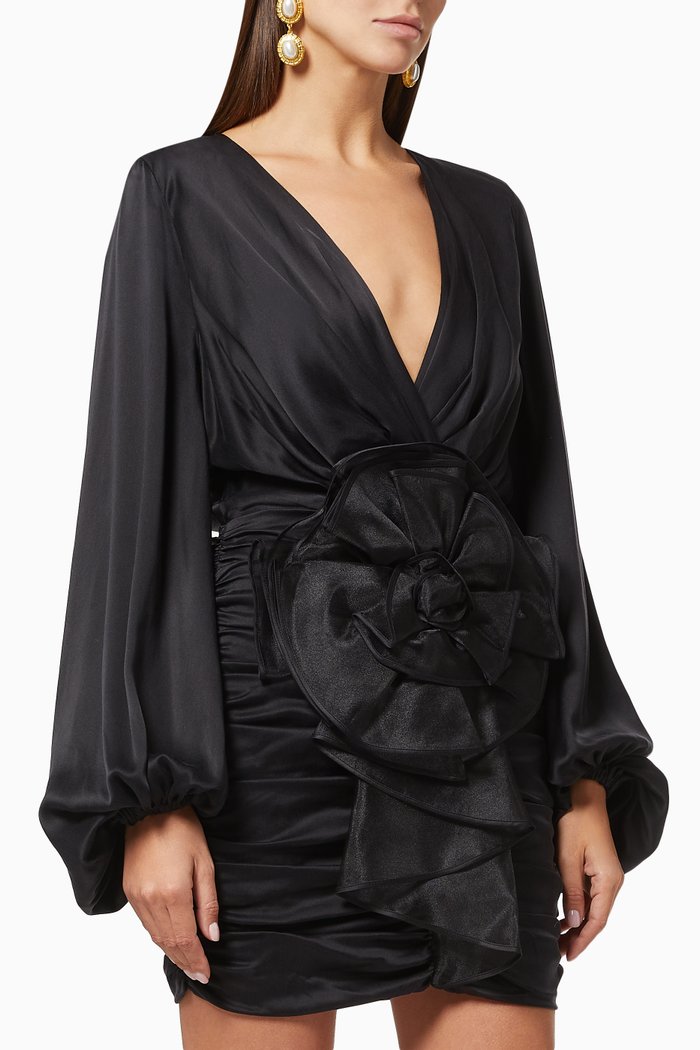 

Mini Dress with Organza Flower in Silk, Black