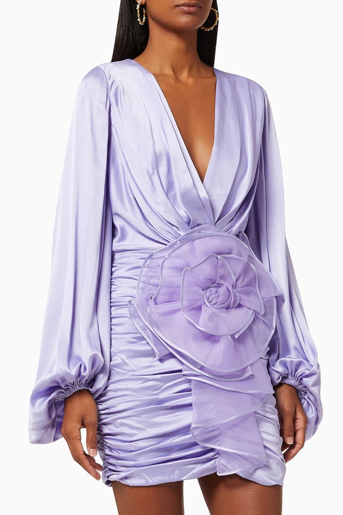 Mini Dress with Organza Flower in Silk, Purple