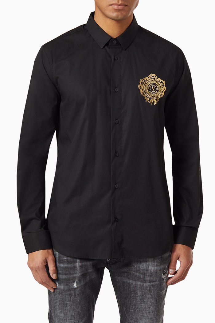 

V-Emblem Baroque Cotton Poplin Shirt, Black