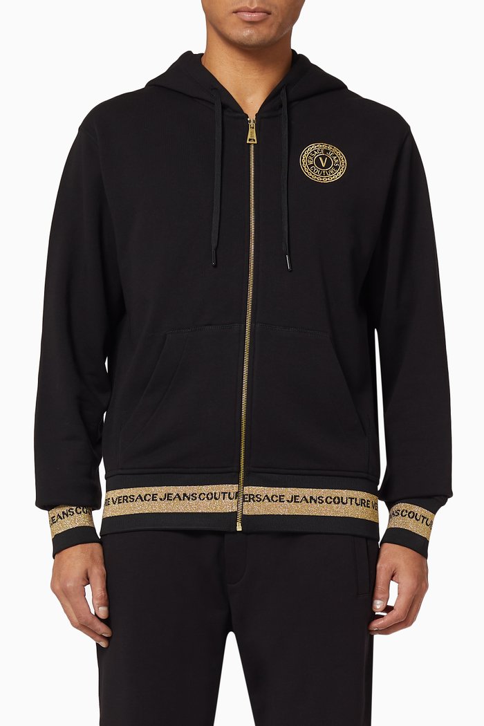 

V-Emblem Cotton Zip Sweatshirt, Black