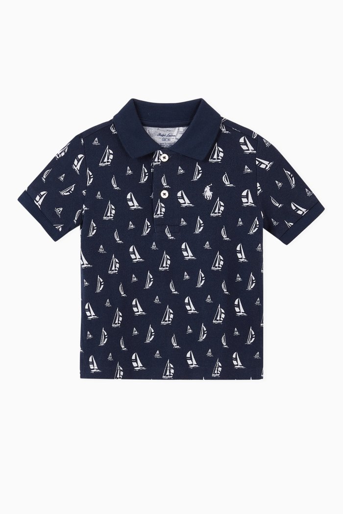 

Printed Cotton Mesh Polo, Blue