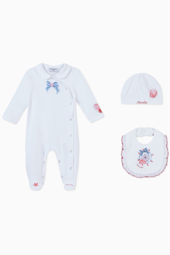 

Nautical Print Pyjamas, Bib & Hat in Cotton, White