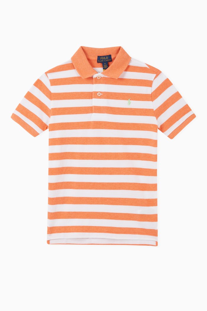 

Striped Polo Shirt in Cotton Mesh, Orange