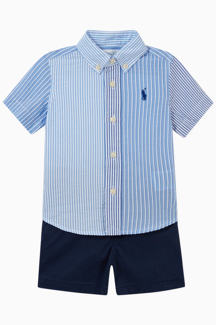 

Striped Shirt & Shorts Set in Cotton, Blue