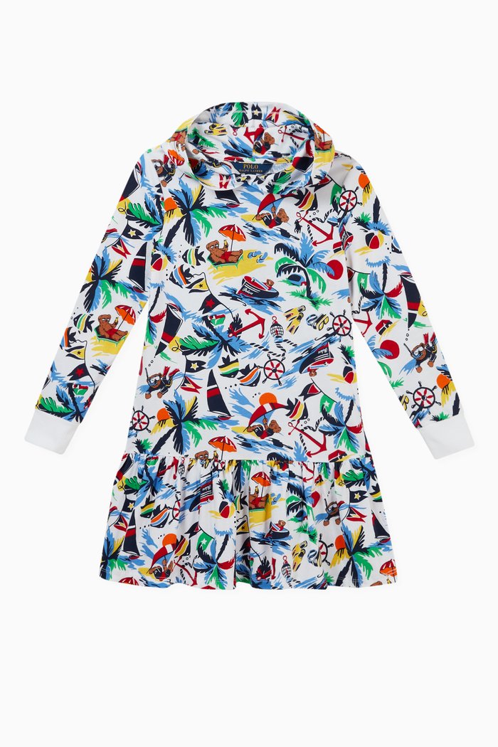 

Vacation-Print Hooded Dress in Cotton, Multicolour