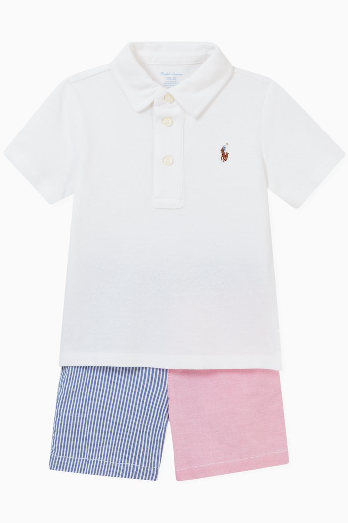 

Polo Shirt & Striped Shorts Set in Cotton, Multicolour