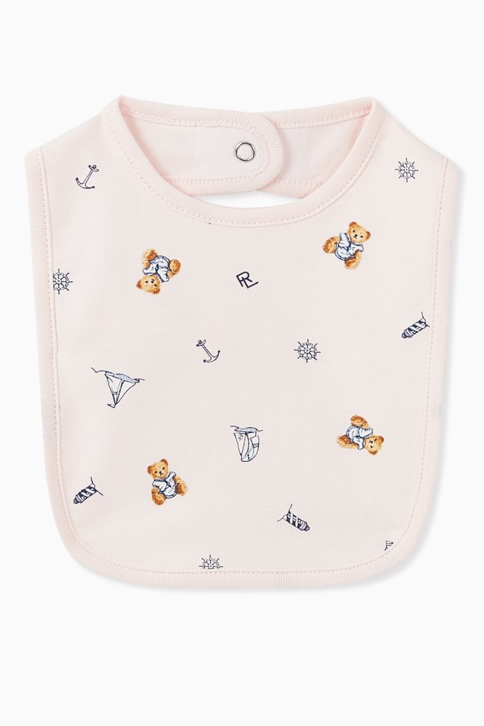 

Polo Bear-Print Bib in Cotton, Pink