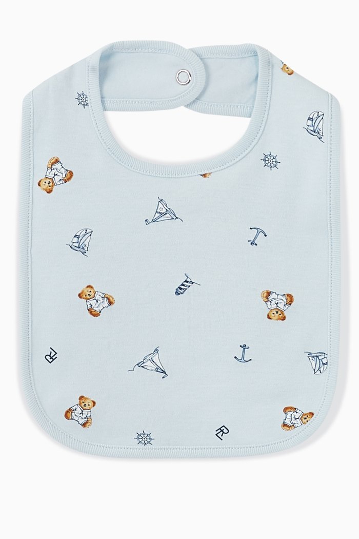 

Polo Bear-Print Bib in Cotton, Blue
