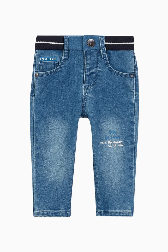 

Faded Blue Slogan Recycled Jeans