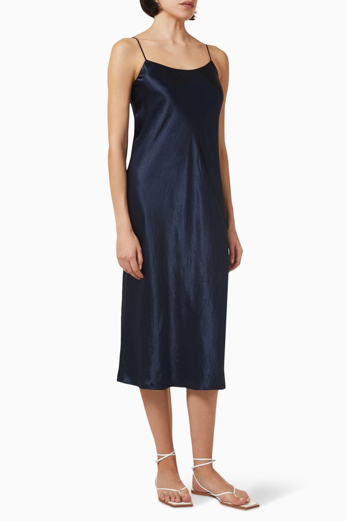 Midi Slip Dress in Satin, Blue