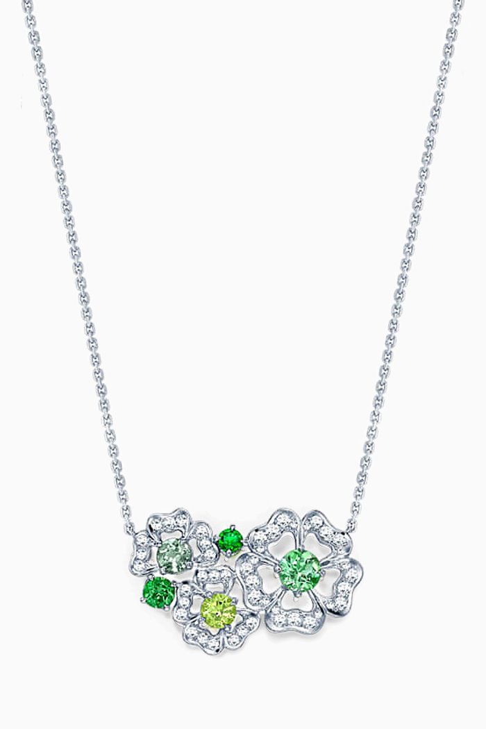 

Petal Diamond Necklace with Green Stones in 18kt White Gold