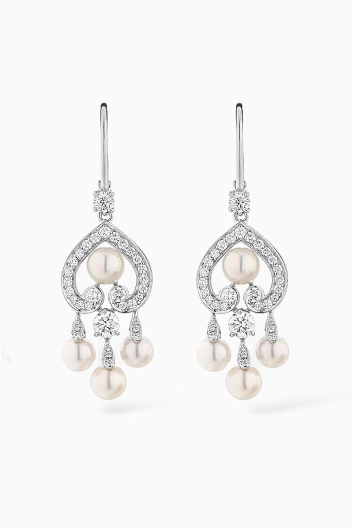 

Regal Cascade Mini Diamond Earrings with Pearls in 18kt White Gold