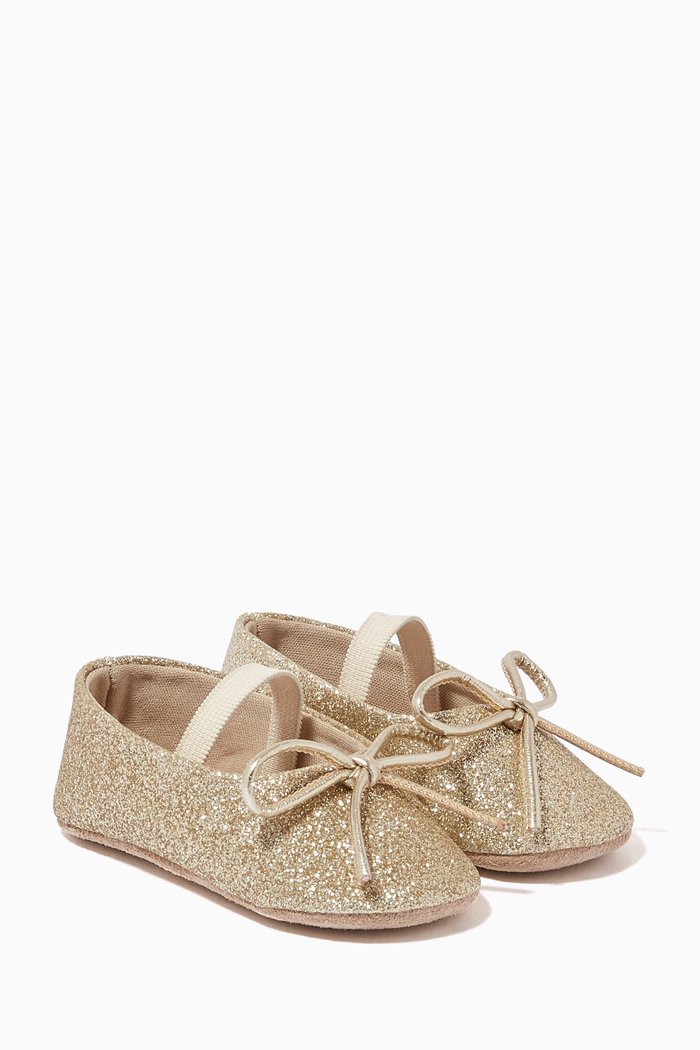 Bow-Detail Glitter Ballerinas in Leather, Gold