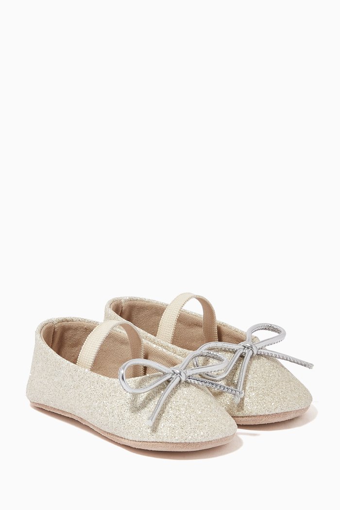 

Bow-Detail Glitter Ballerinas in Leather, Silver