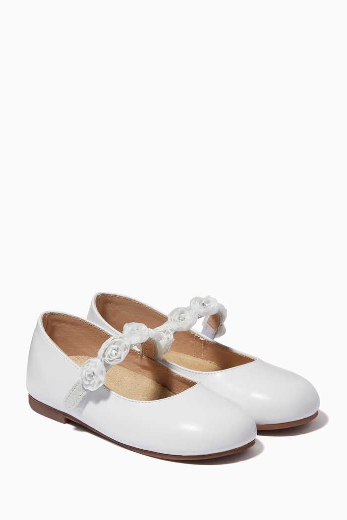 

Floral Strap Ballerinas in Leather, White