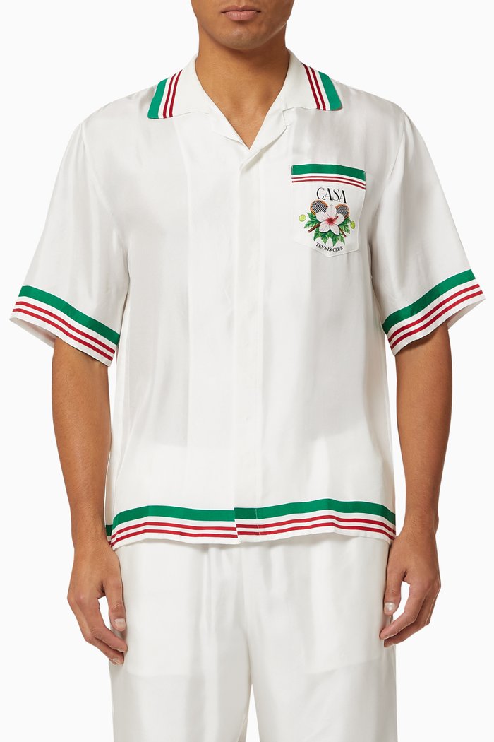 Shirt with Tennis Club Print in Silk Twill, White
