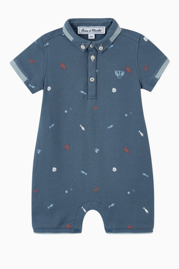 

Polo Pique Knit Romper, Blue