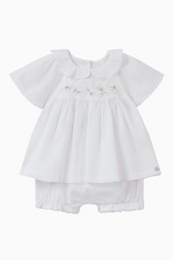 

Embellished Collar Top & Embroidered Shorts Set, White