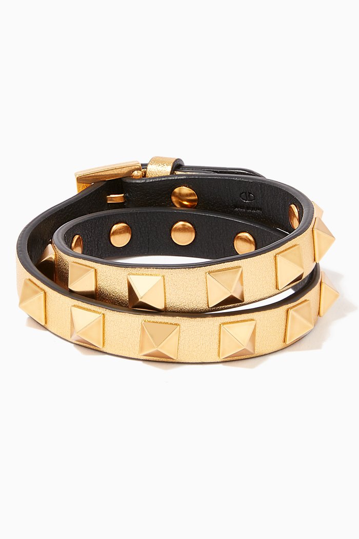 

Valentino Garavani Rockstud Double-Wrap Bracelet in Metallic Calfskin, Gold