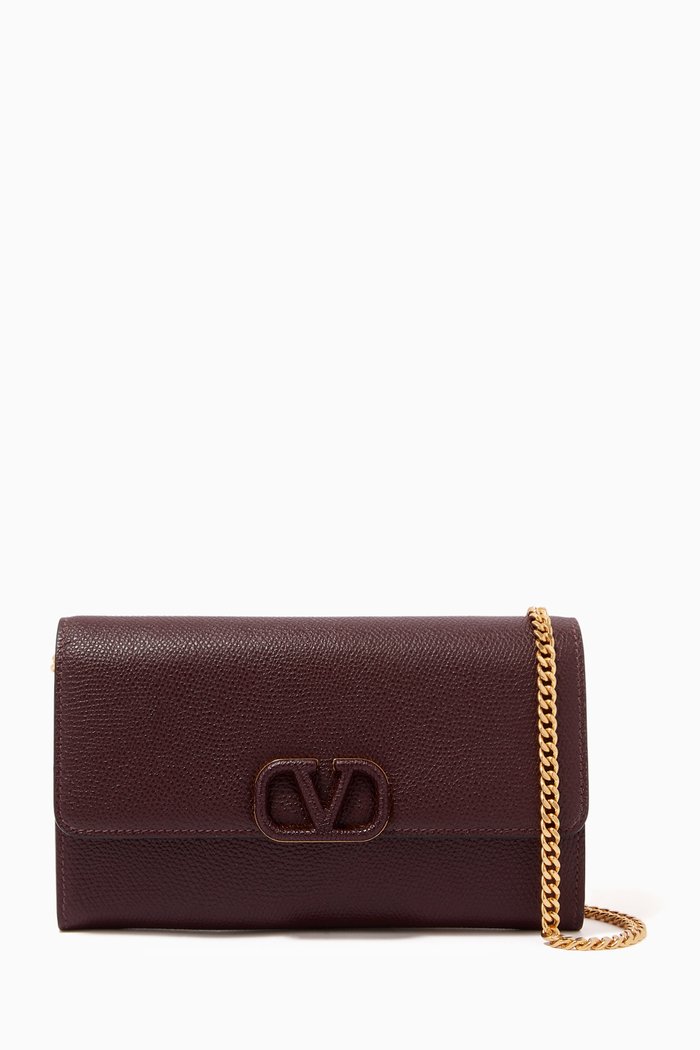 Valentino Garavani VSLING Wallet on Chain in Grainy Calfskin, Burgundy