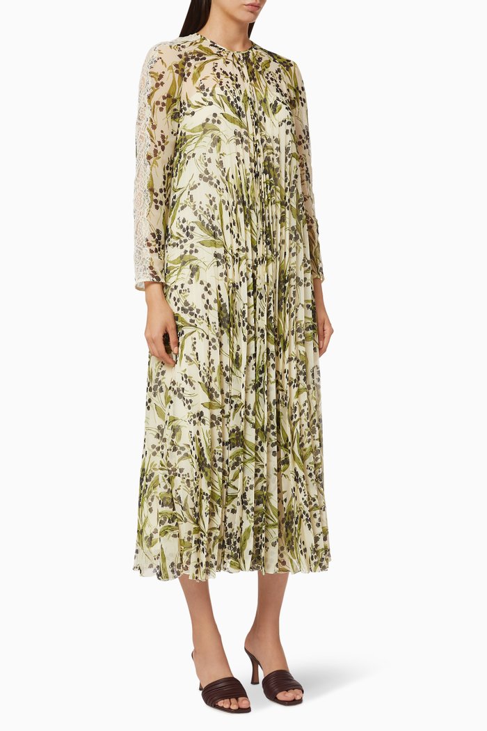 

May Lily Print Muslin Pleated Dress, Neutral