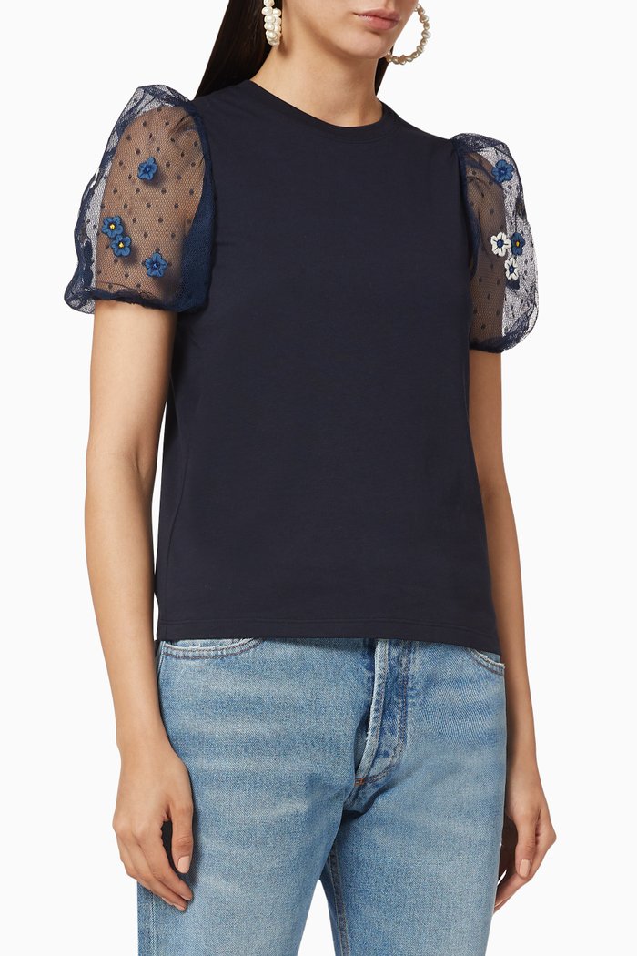 

Jersey T-shirt with Point d'Esprit Tulle Puffed Sleeves, Blue