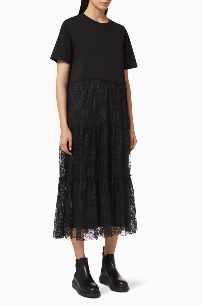 

Jersey T-shirt Dress with Lace, Black