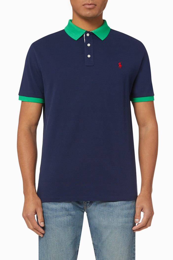 

Custom Slim Fit Cotton Mesh Polo, Blue