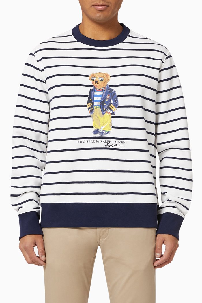 

Striped Polo Bear Fleece Jersey Sweatshirt, White