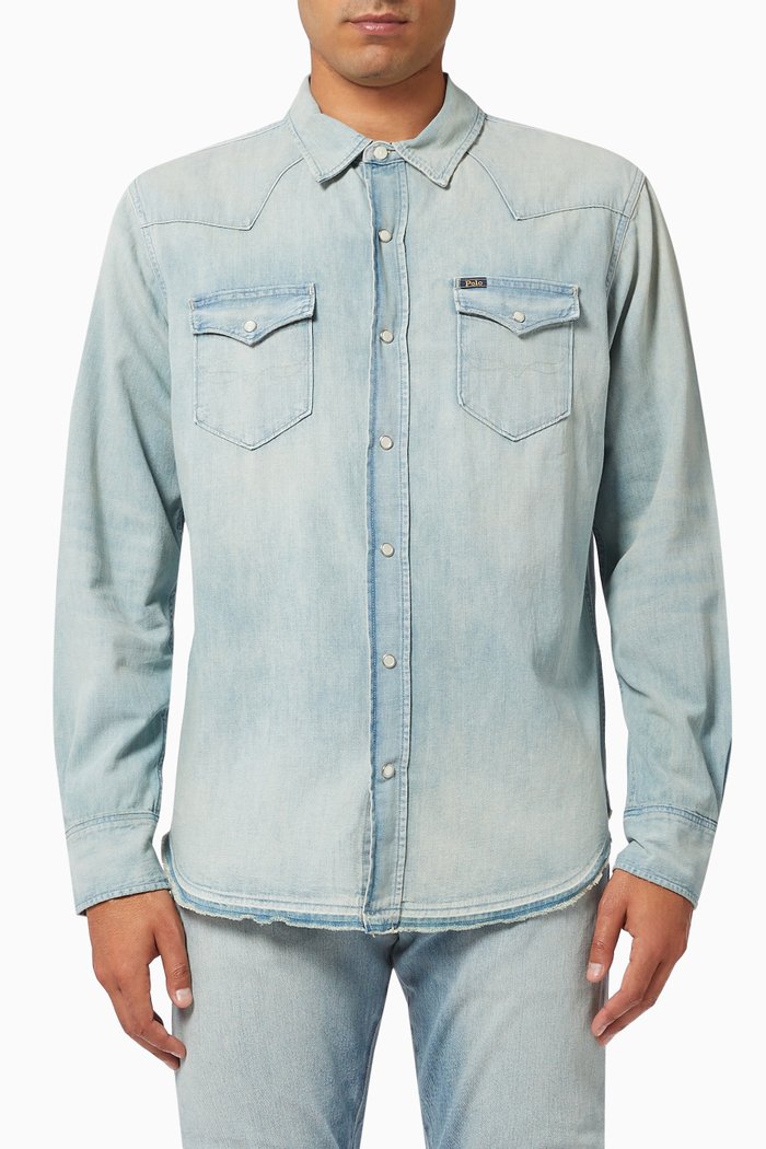 

Western Denim Shirt in Cotton, Blue