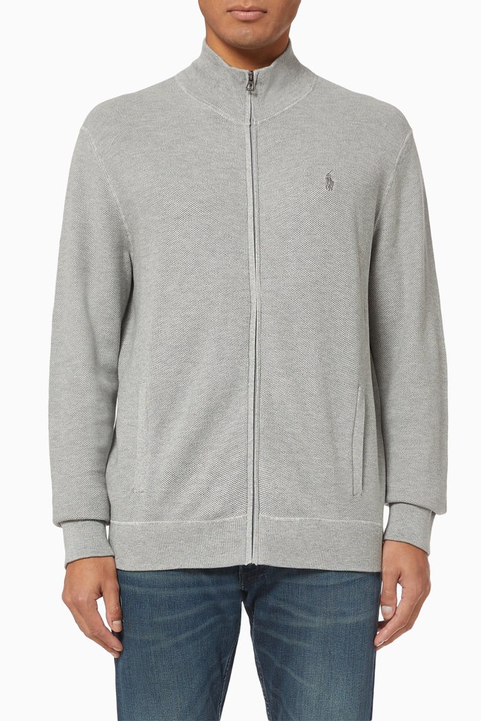 

Mockneck Cotton Knit Jacket, Grey