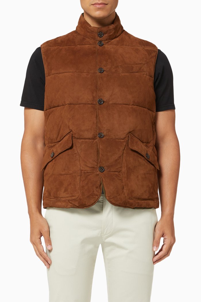

Reversible Padded Gilet in Suede Leather & Oxford, Brown