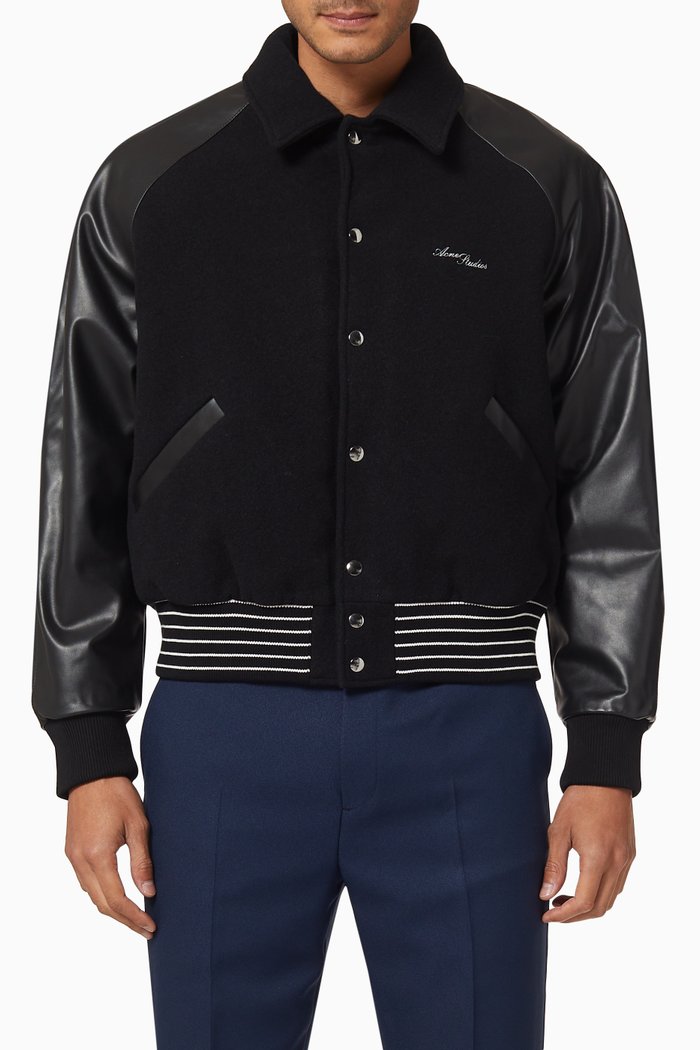 

Varsity Bomber Jacket in Leather and Wool, Black