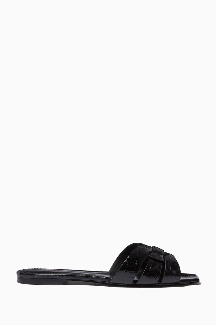 

Tribute Flat Sandals in Patent Croc-Embossed Leather, Black