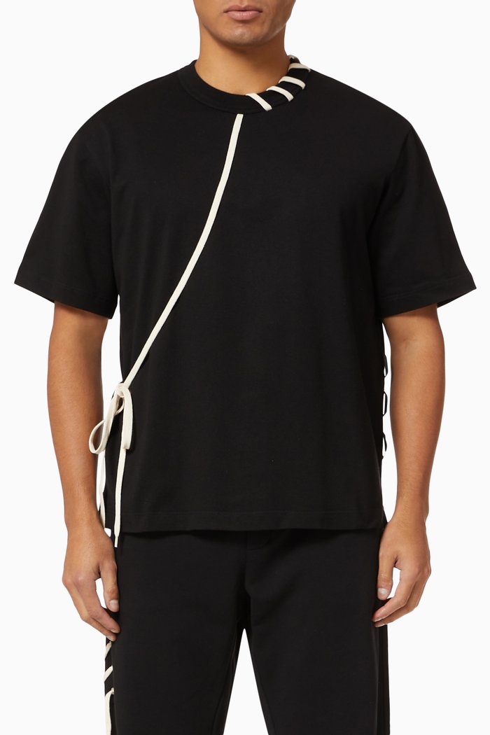Lace-Up Cotton T-Shirt, Black