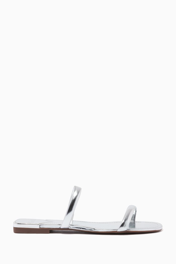 

Glam Flat Slide Sandals in Metallic Leather, Silver