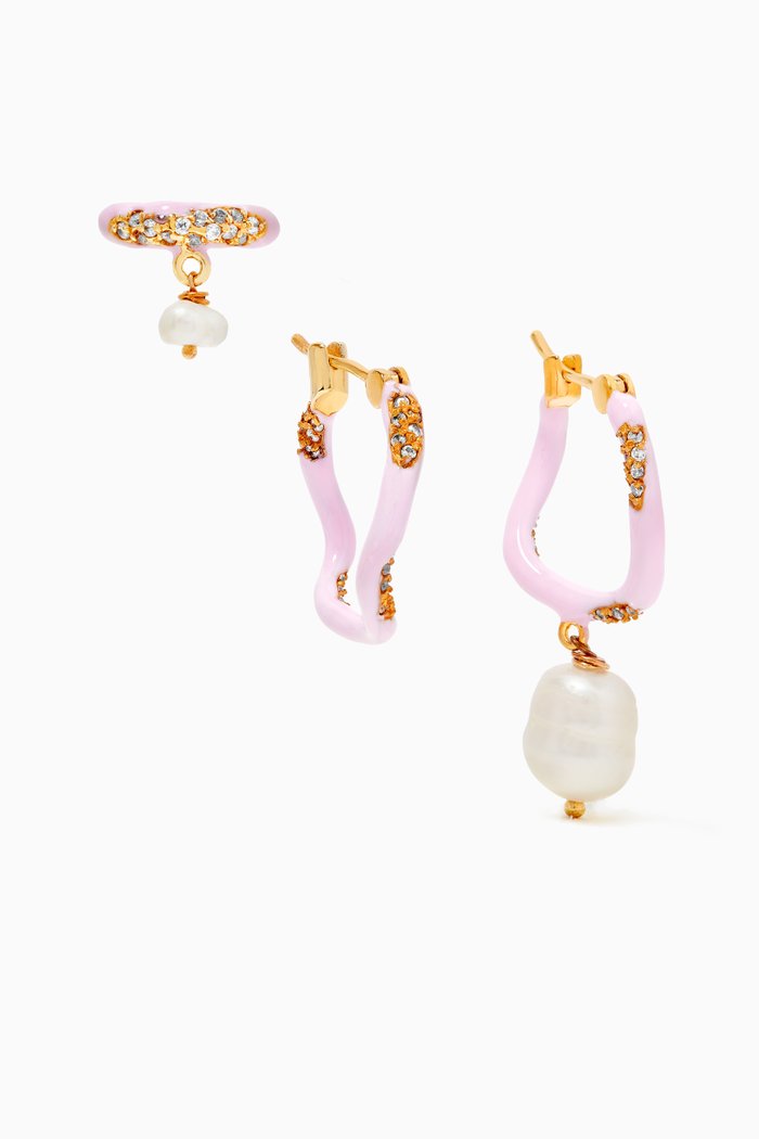 Feminine Waves Hoop Earring Set with Pearls in 18kt Gold-plated Brass