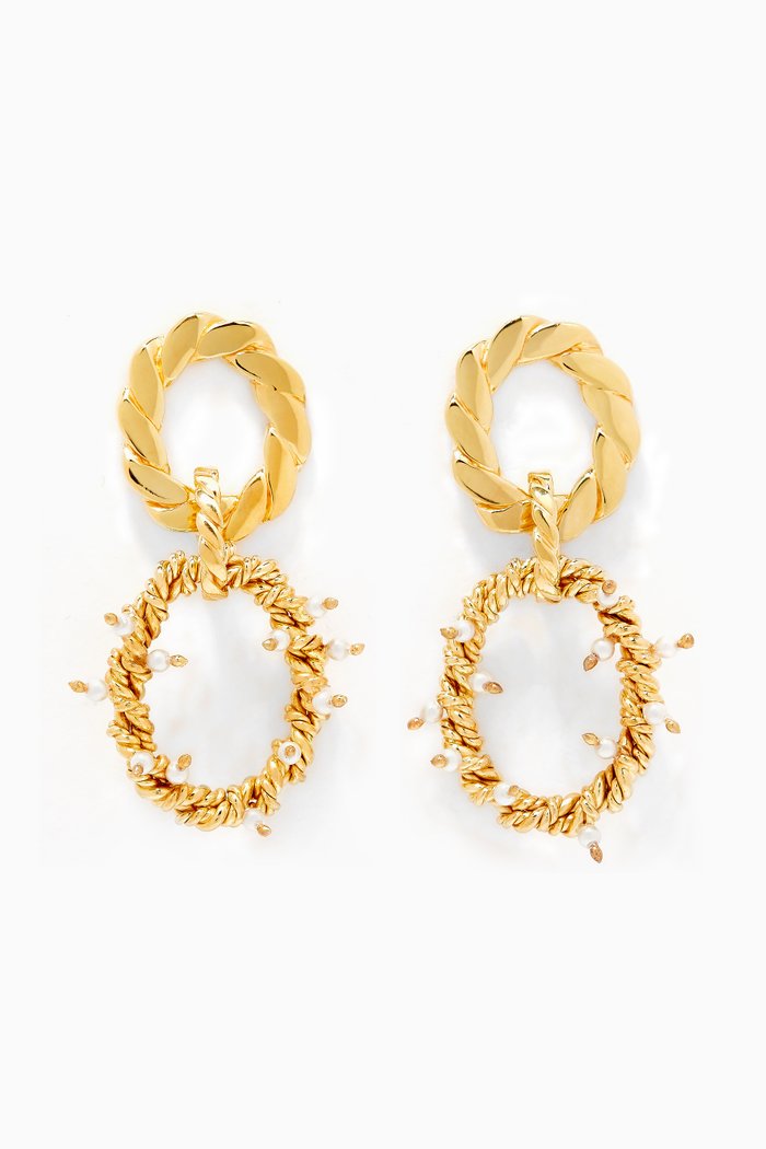 

Modern Vintage Dangling Earrings with Mini Pearls in 18kt Gold-plated Brass