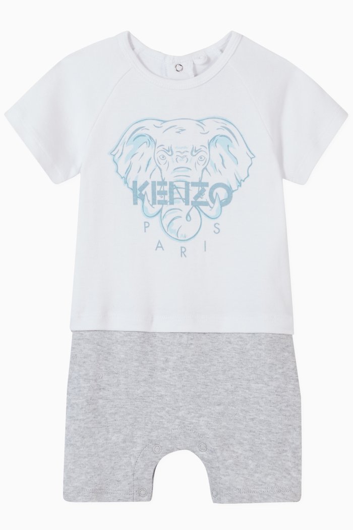 Elephant Print Romper in Cotton, Grey