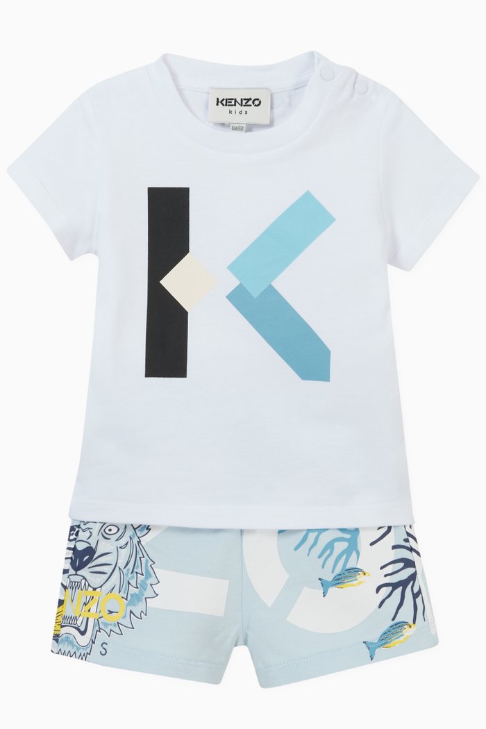 Seabed Graphic Print T-shirt & Shorts Set in Cotton, Blue