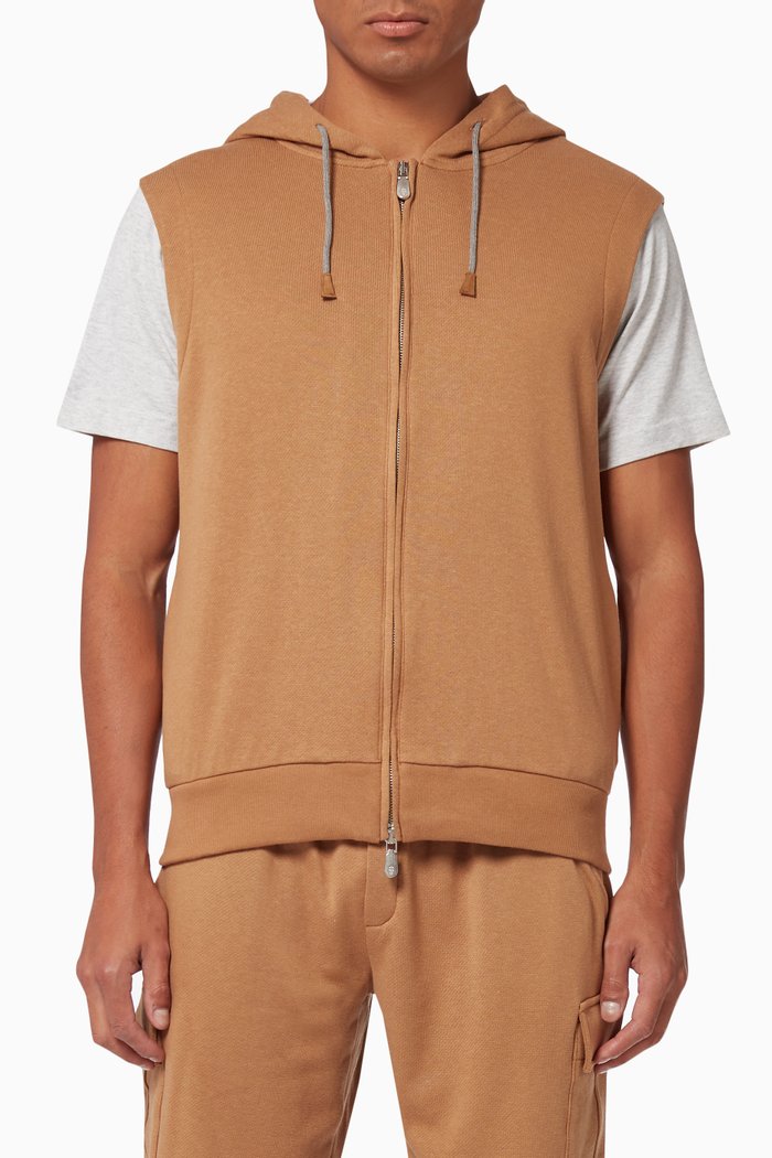 

Sleeveless Hoodie in Cotton Fleece, Brown