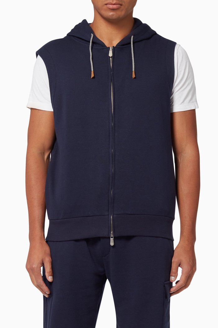 

Sleeveless Hoodie in Cotton Fleece, Blue