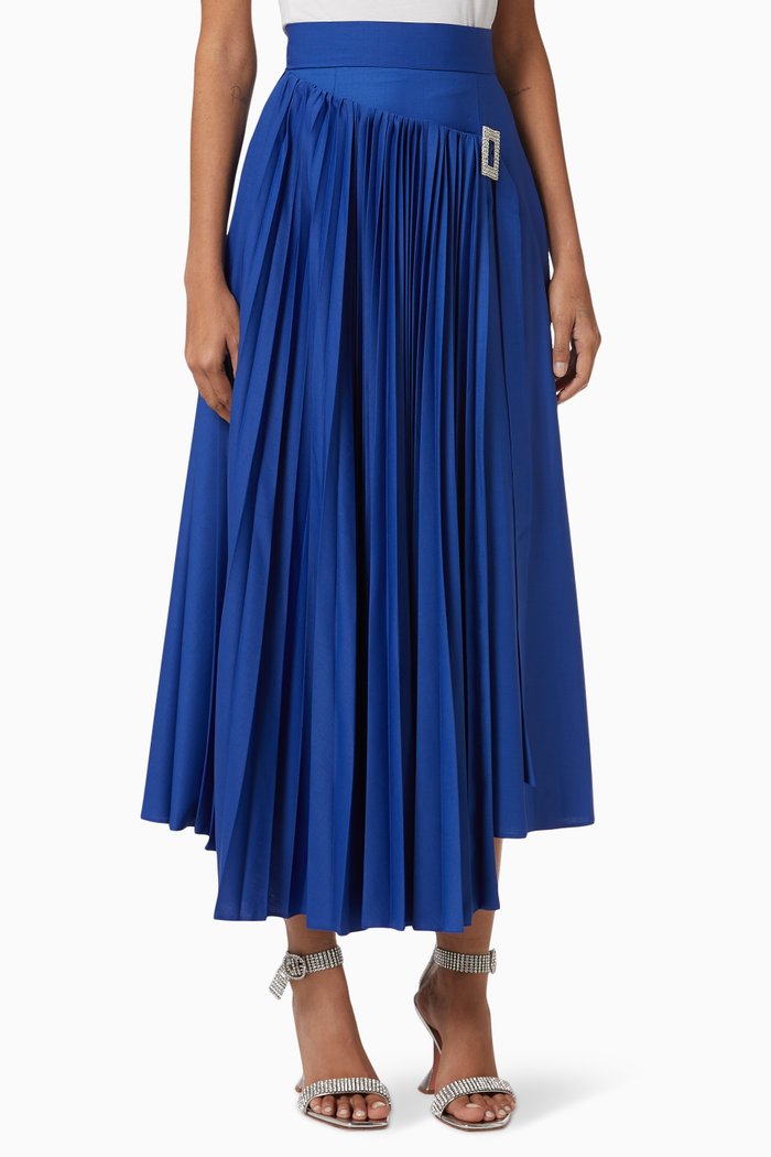 

Side Pleated Wrap Skirt in Wool, Blue