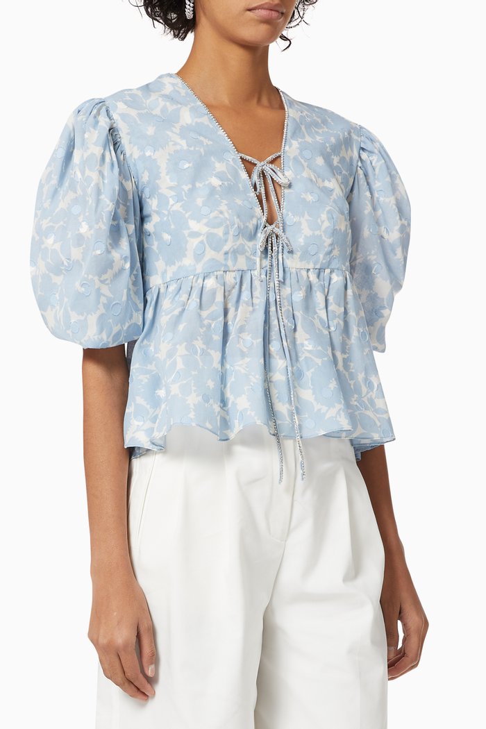 

Floral Blouse with Crystal Embroidery in Cotton, Blue