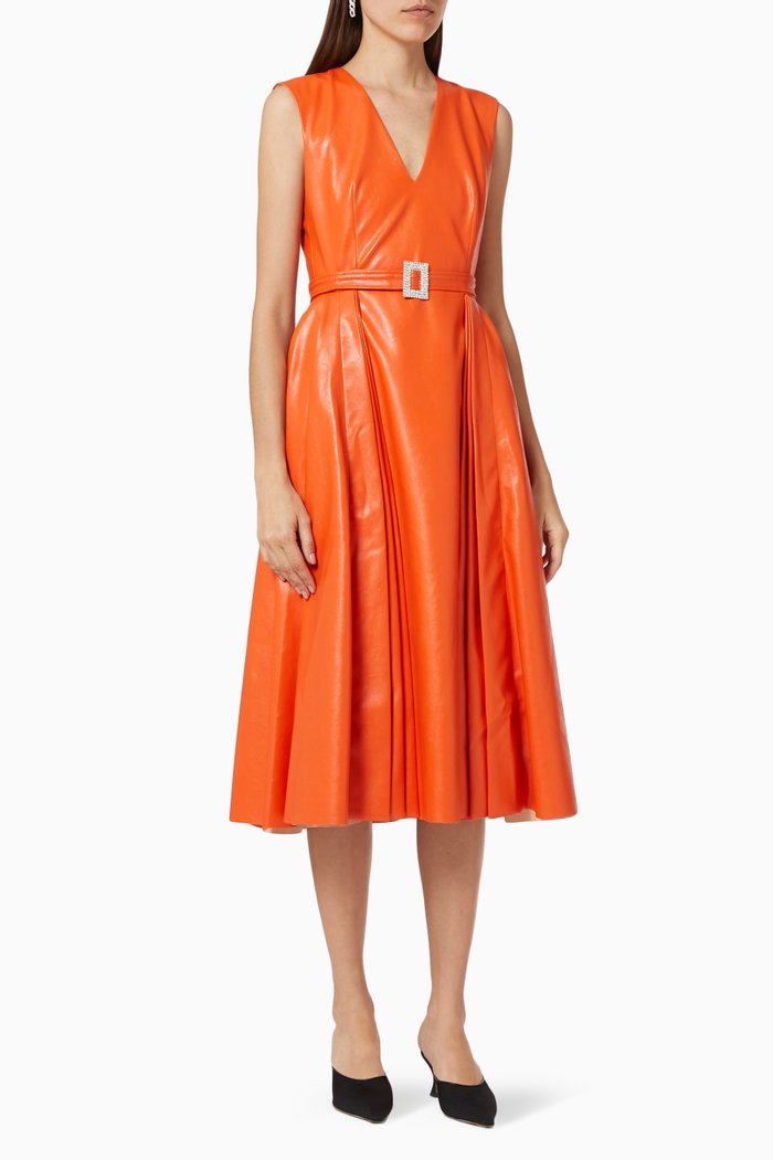 

Side Pleated Dress in Vegan Leather, Orange