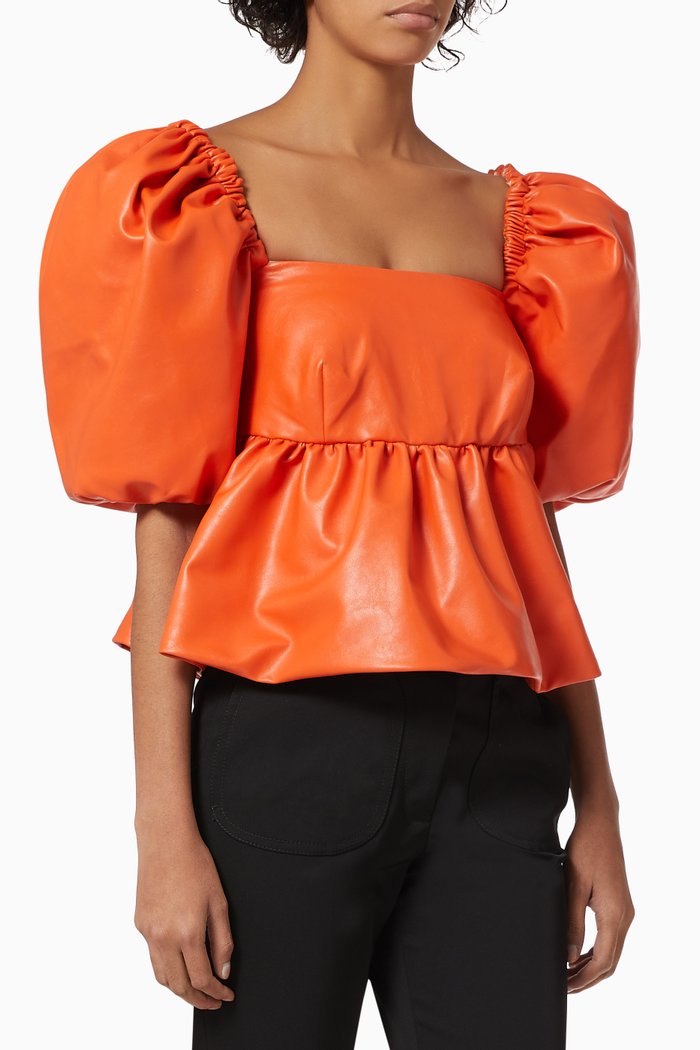 

Puff Sleeves Blouse in Vegan Leather, Orange