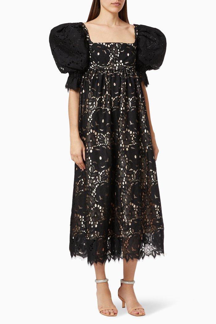 

Puff Sleeves Juliette Lace Dress, Black